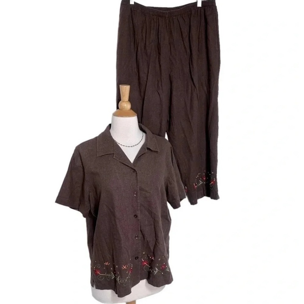 Kim Rogers 2 Piece Set L/XL Brown Linen Blend Floral Embroidered Top/Crop Pants